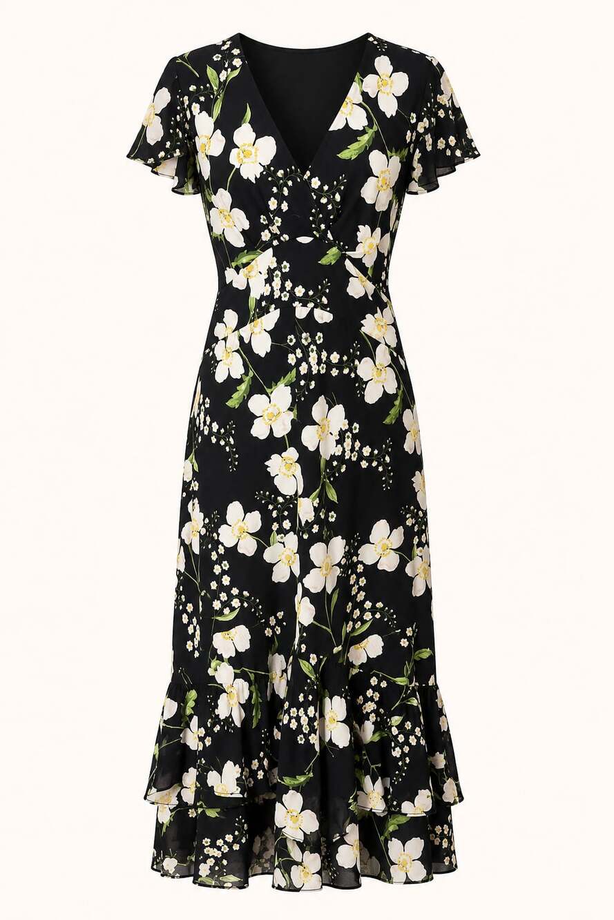 Tommy Hilfiger Women's Floral Flutter Sleeve V-Neck Ruffle Trim Midi Dress,